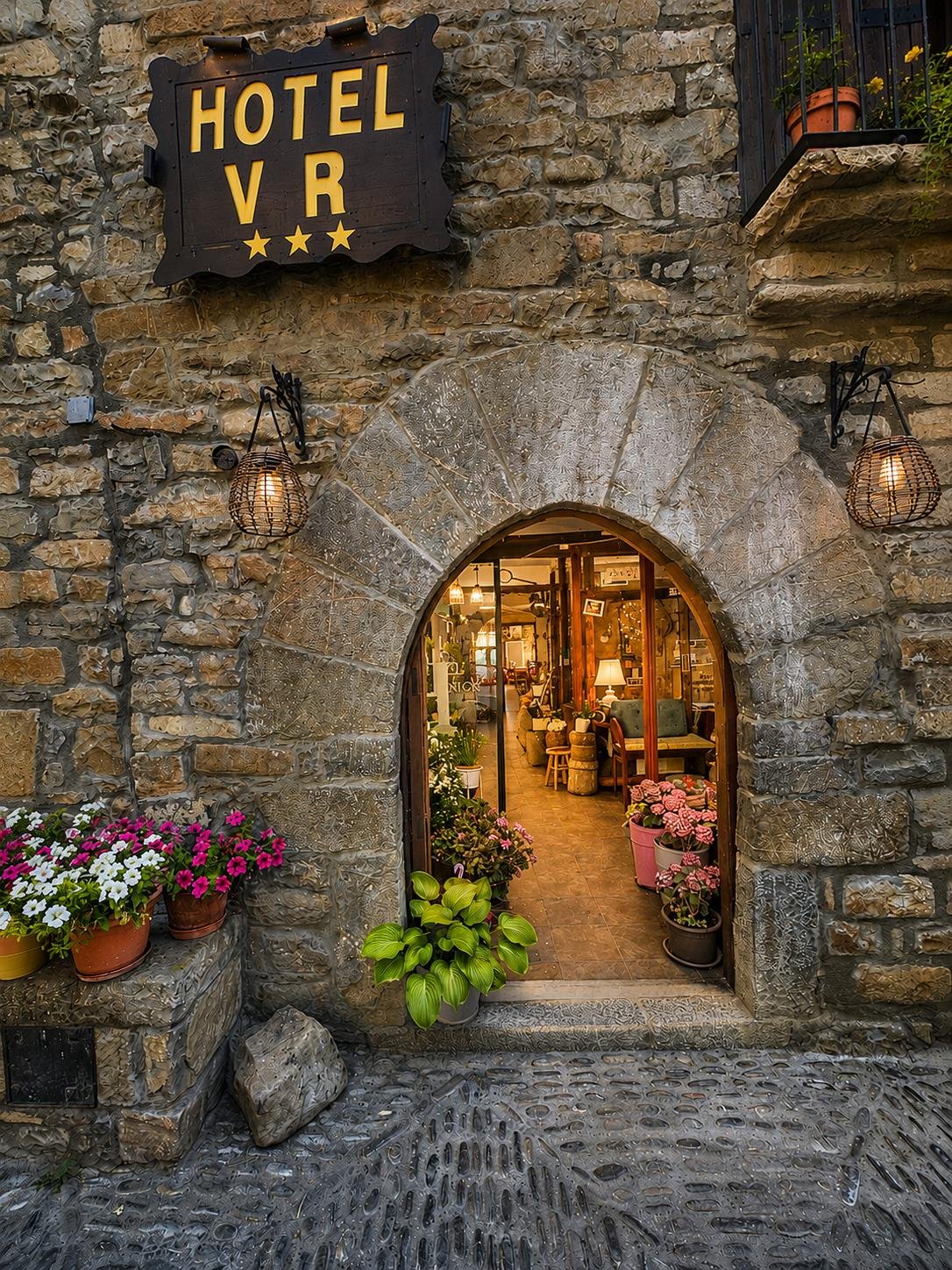 Fachada de piedra del Hotel Villa Románica en Aínsa