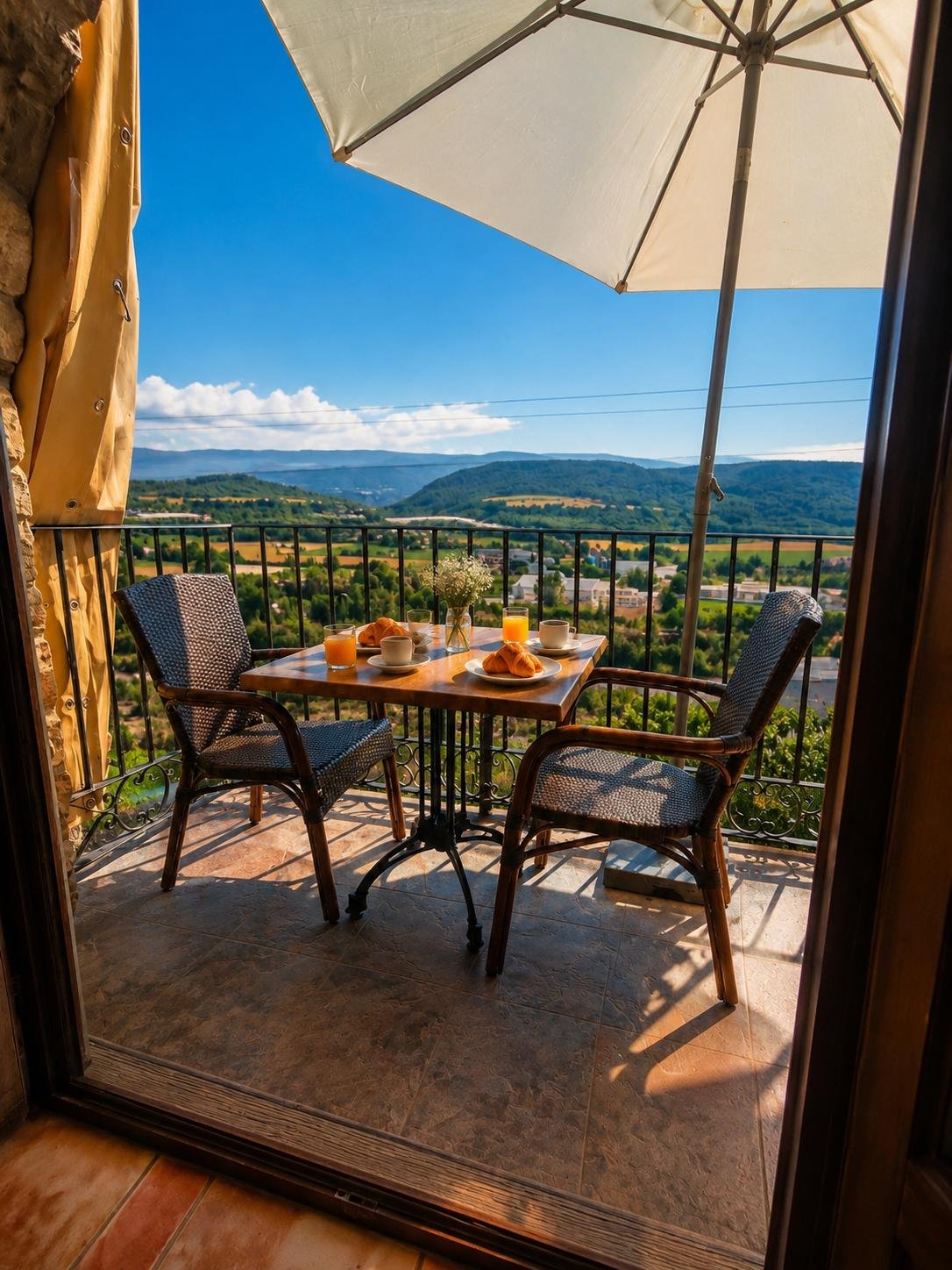 Terraza con desayuno y vistas al Pirineo en Aínsa